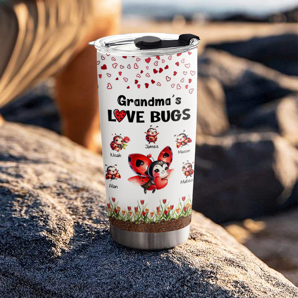 Grandma's Love Bugs Ladybug Kids Names Personalized Tumbler 20oz