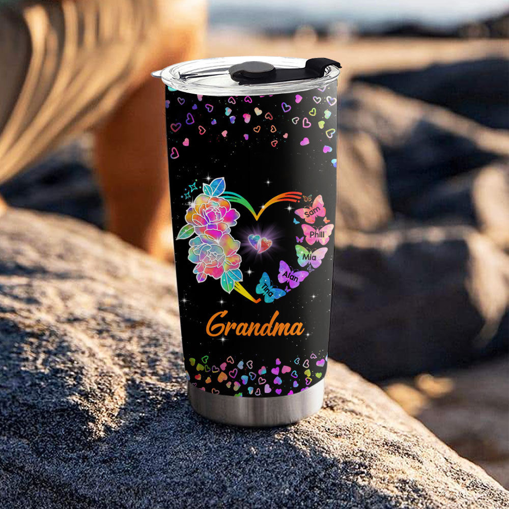 Flower Butterflies Heart Grandma Nana Mimi Kids Names Personalized Tumbler