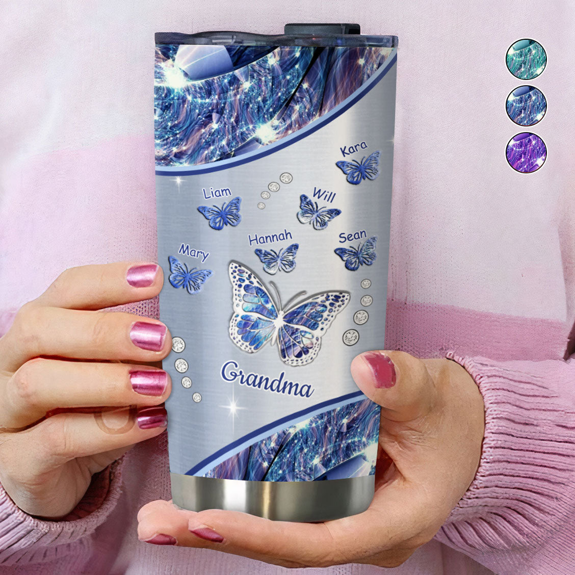 Jewel Butterfly Grandma Nickname Kids Names Personalized Tumbler 3 Colors 20oz
