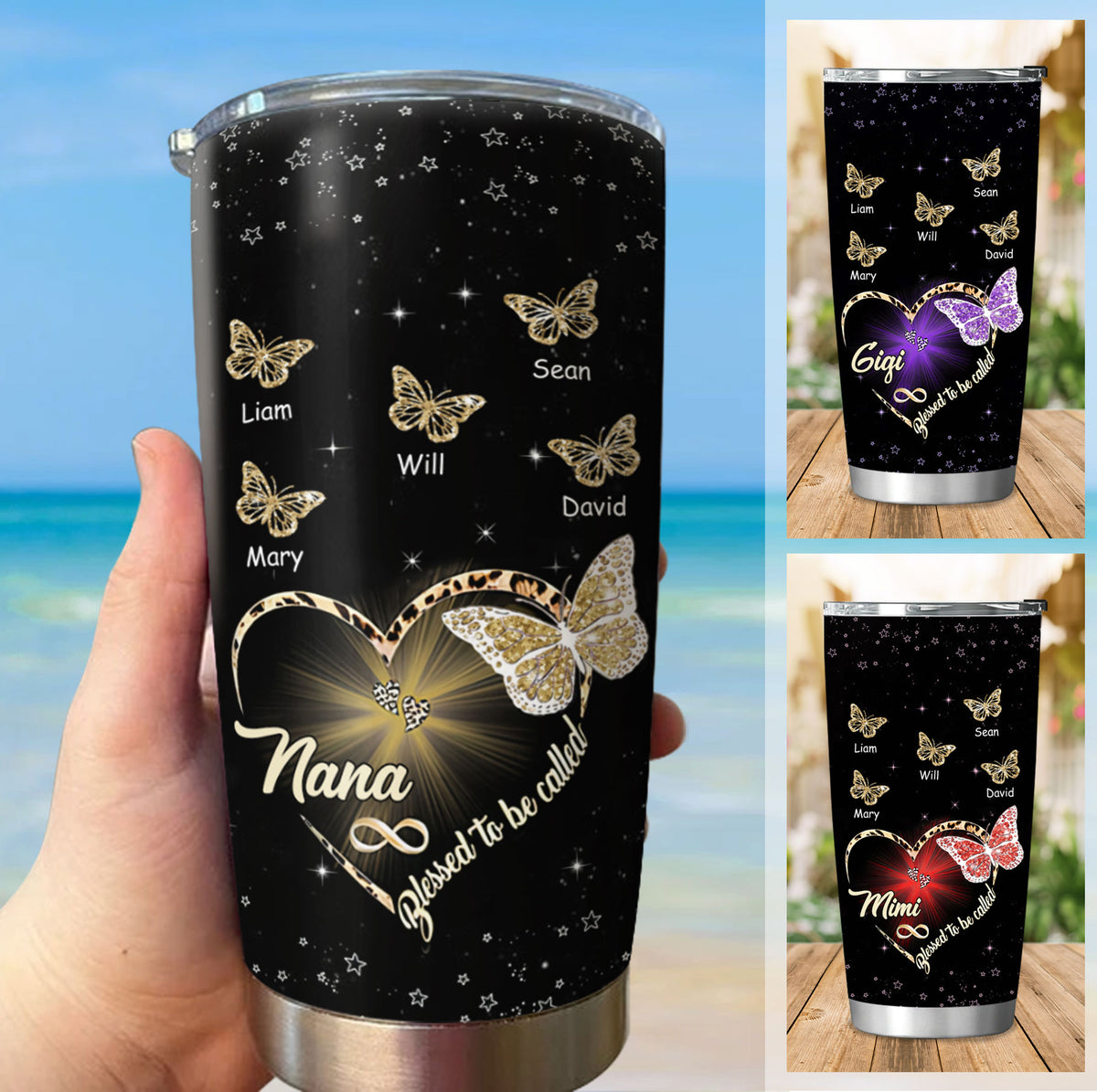 Leopard Heart Butterfly Blessed To Be Called Grandma Kids Names Personalized Tumbler Black 20oz