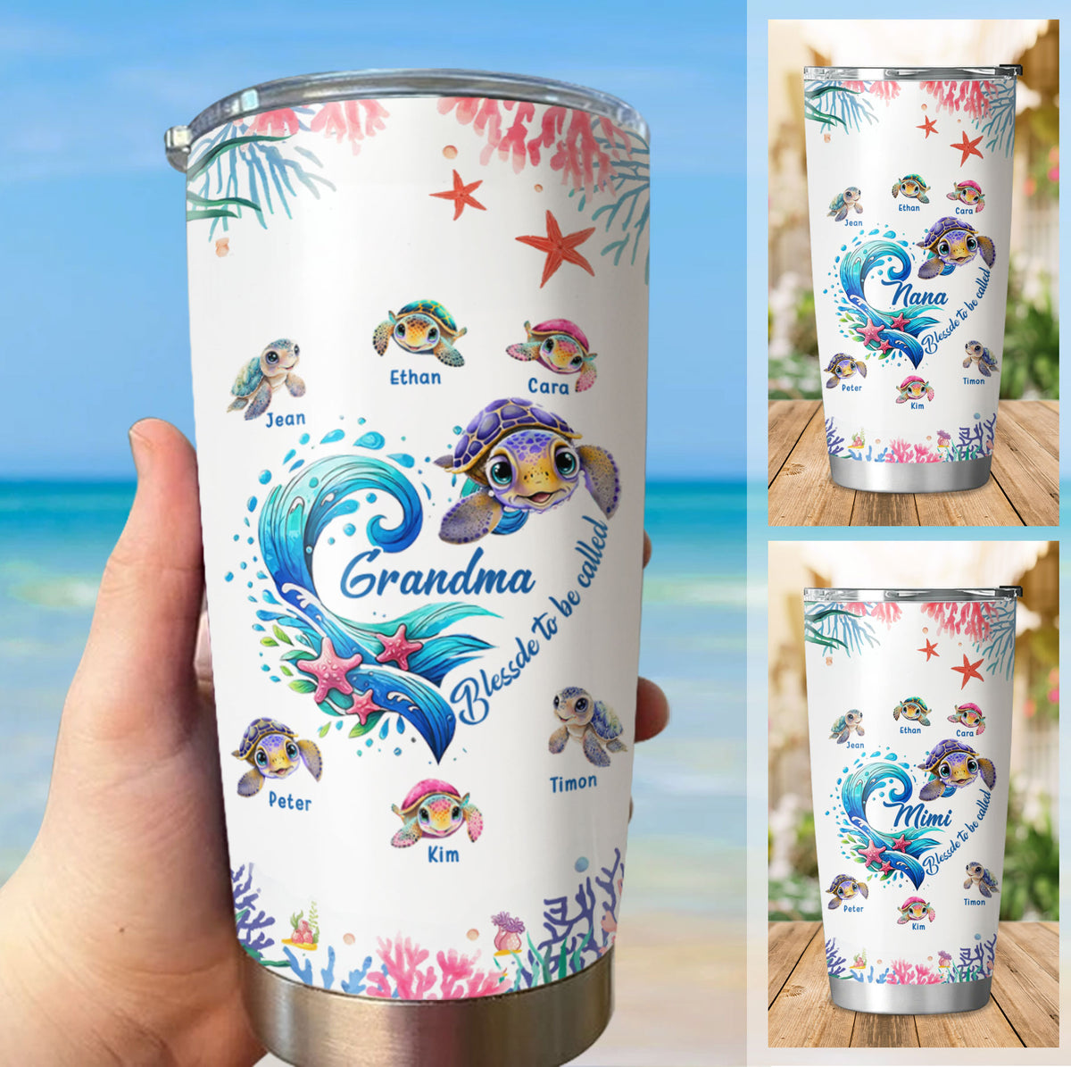 Sea Turtle Wave Heart Grandma Nickname Kids Names Personalized Tumbler 20oz