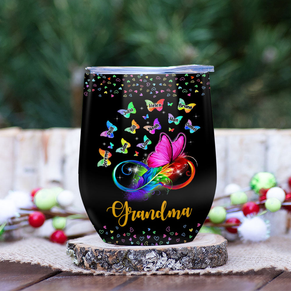 Infinity Butterfly Grandma Kids Names Personalized Wine Tumbler