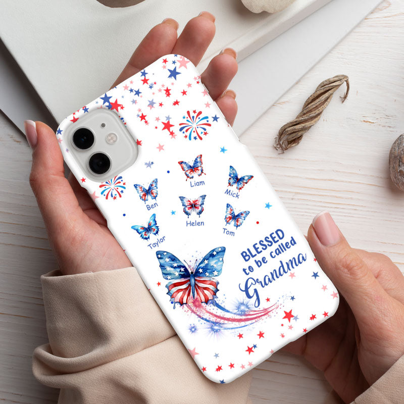 Blessed To Be Called Grandma American Flag Butterflies Stars Personalized Phone Case - mockup 4 of 5