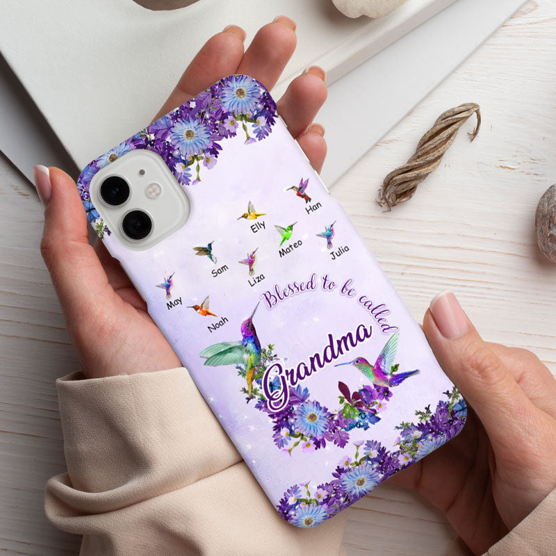 Blessed To Be Called Grandma Hummingbirds Purple Daisy Wreath Personalized Phone Case - mockup 4 of 6
