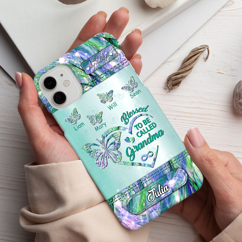 Blessed To Be Called Grandma Pink Hologram Butterflies Heartbeat Name Plate Personalized Phone Case - mockup 4 of 5