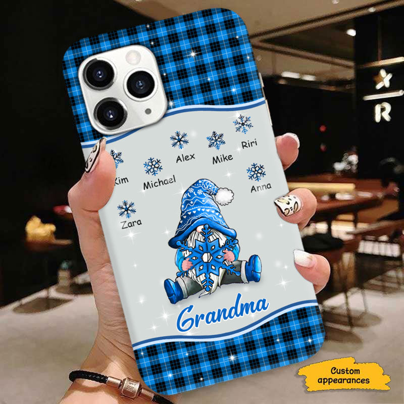 Blue Buffalo Plaid Snowflake Gnome Grandma Grandkids Personalized Phone Case - mockup 2 of 3