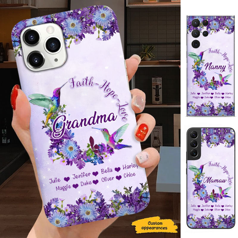 Faith Hope Love Hummingbirds Purple Flowers Grandma Personalized Phone Case - mockup 1 of 5