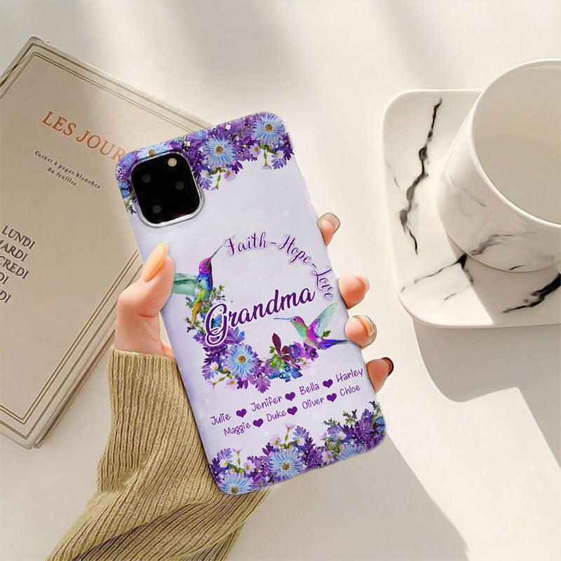 Faith Hope Love Hummingbirds Purple Flowers Grandma Personalized Phone Case - mockup 2 of 5