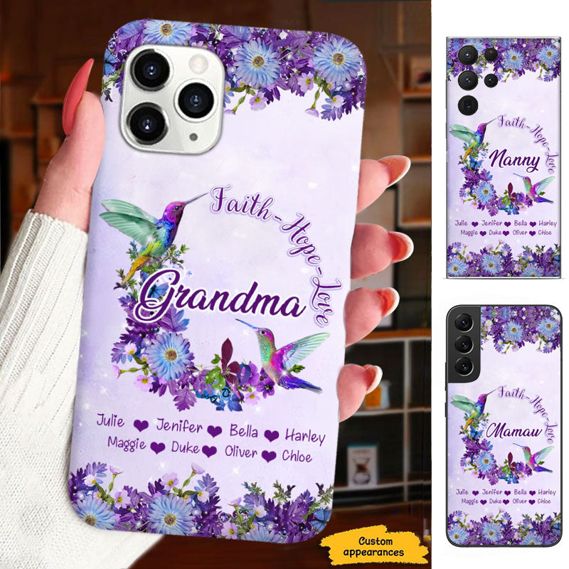 Faith Hope Love Hummingbirds Purple Flowers Grandma Personalized Phone Case - mockup 5 of 5