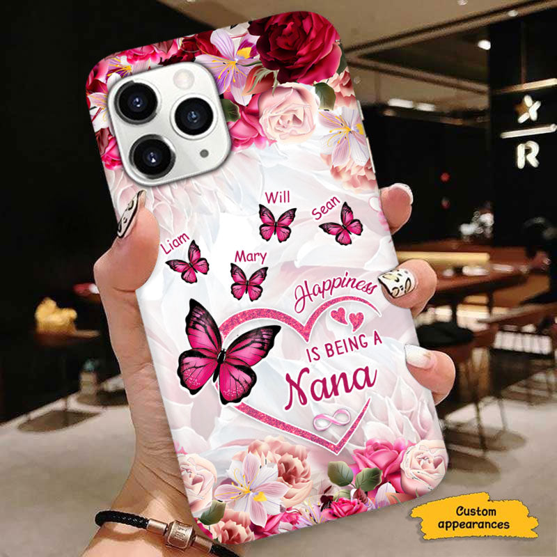 Happiness Is Being A Grandma Pink Roses Butterflies Personalized Phone Case - mockup 4 of 6