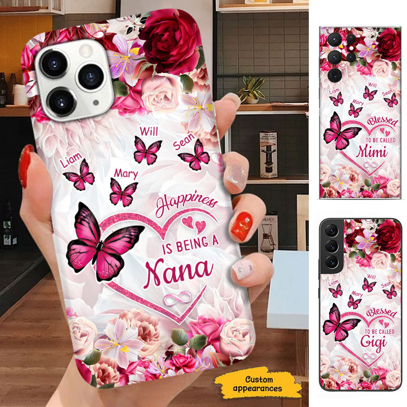 Happiness Is Being A Grandma Pink Roses Butterflies Personalized Phone Case - mockup 6 of 6