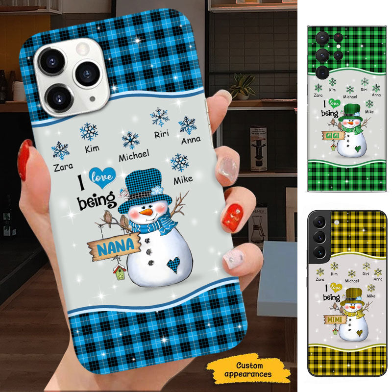 I Love Being Grandma Snowman Buffalo Plaid Snowflake Grandkids Personalized Phone Case - mockup 2 of 6