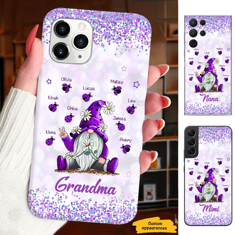 Gnome Ladybugs Daisy Grandma Purple Glitter Personalized Phone Case