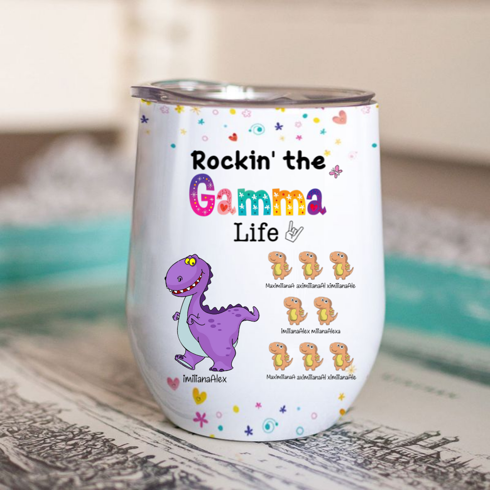 Dinosaur Rockin The Grandma Life Personalized Wine Tumbler