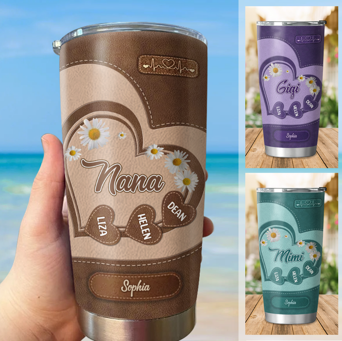 Leather Heart Daisy Nana Grandkids Names Personalized Tumbler