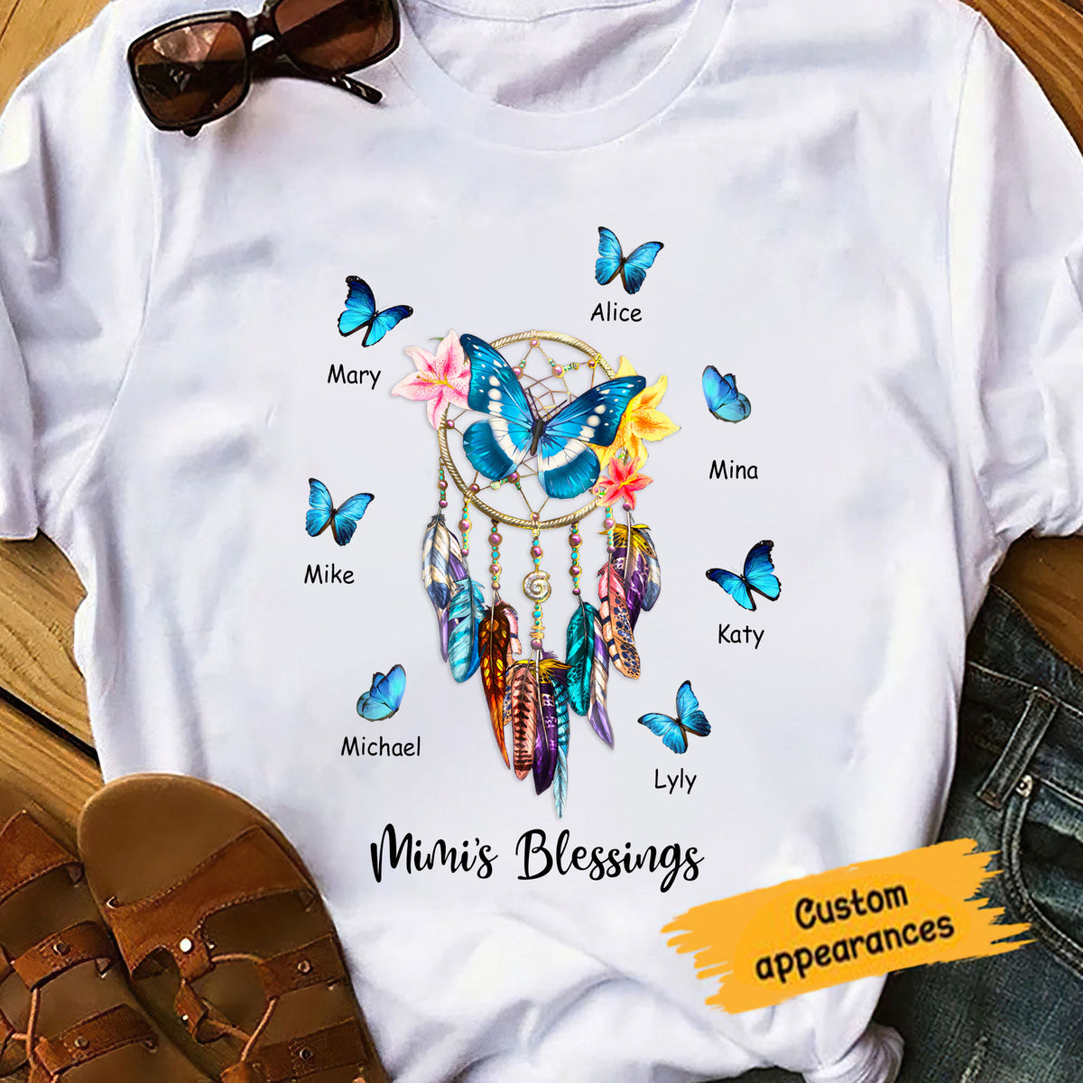 Purple Butterfly Dreamcatcher Grandma's Blessings Nana Mommy Personalized Shirt