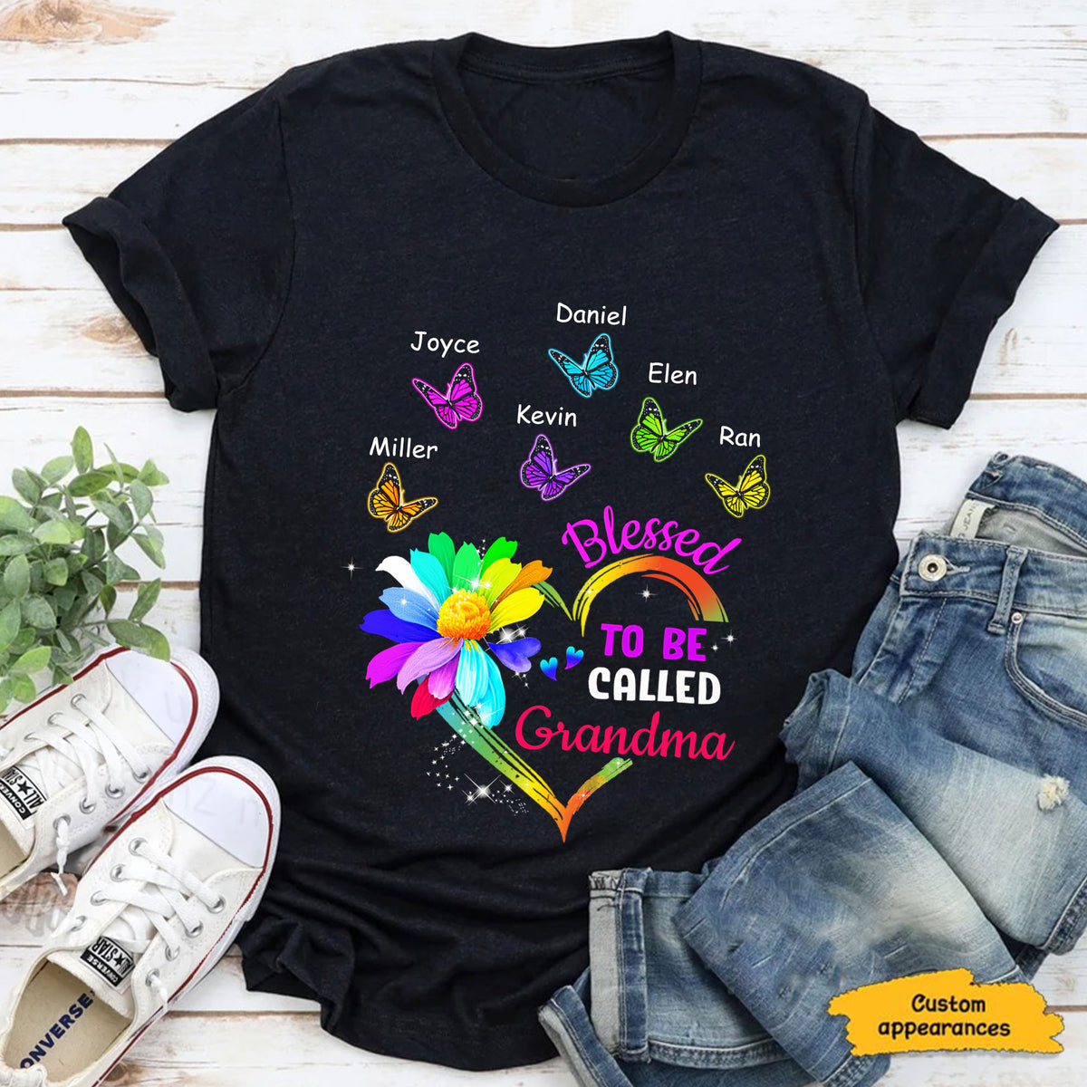 Blessed To Be Called Grandma Rainbow Flower Heart Personalized Shirt