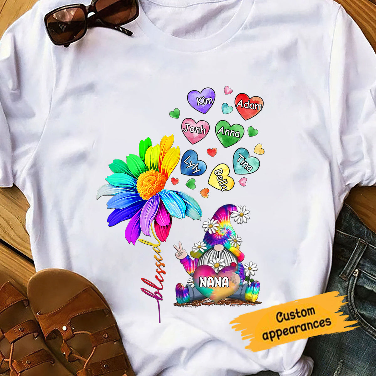 Blessed Grandma Flower Gnome Hearts Personalized Shirt