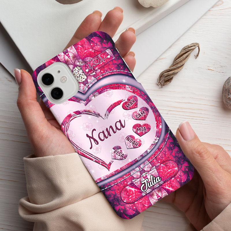 Pink Glitter Heart Grandma Kids Names Personalized Phone Case - mockup 6 of 7