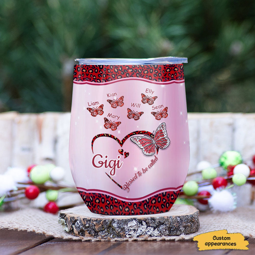 Butterfly Heart Blessed To Be Called Grandma Kids Names Personalized Wine Tumbler