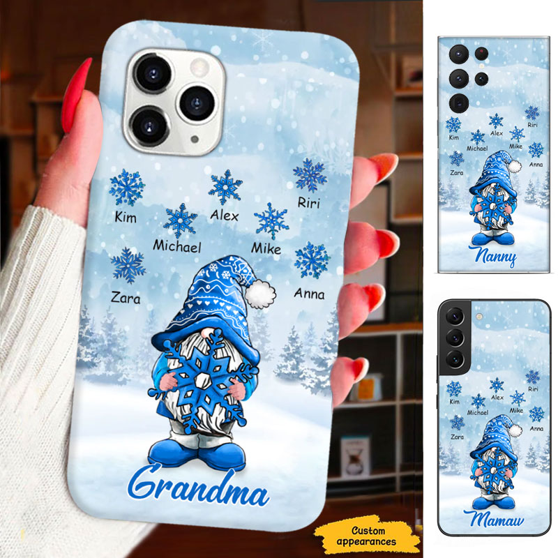 Winter Snowflake Blue Gnome Grandma Grandkids Personalized Phone Case - mockup 2 of 6