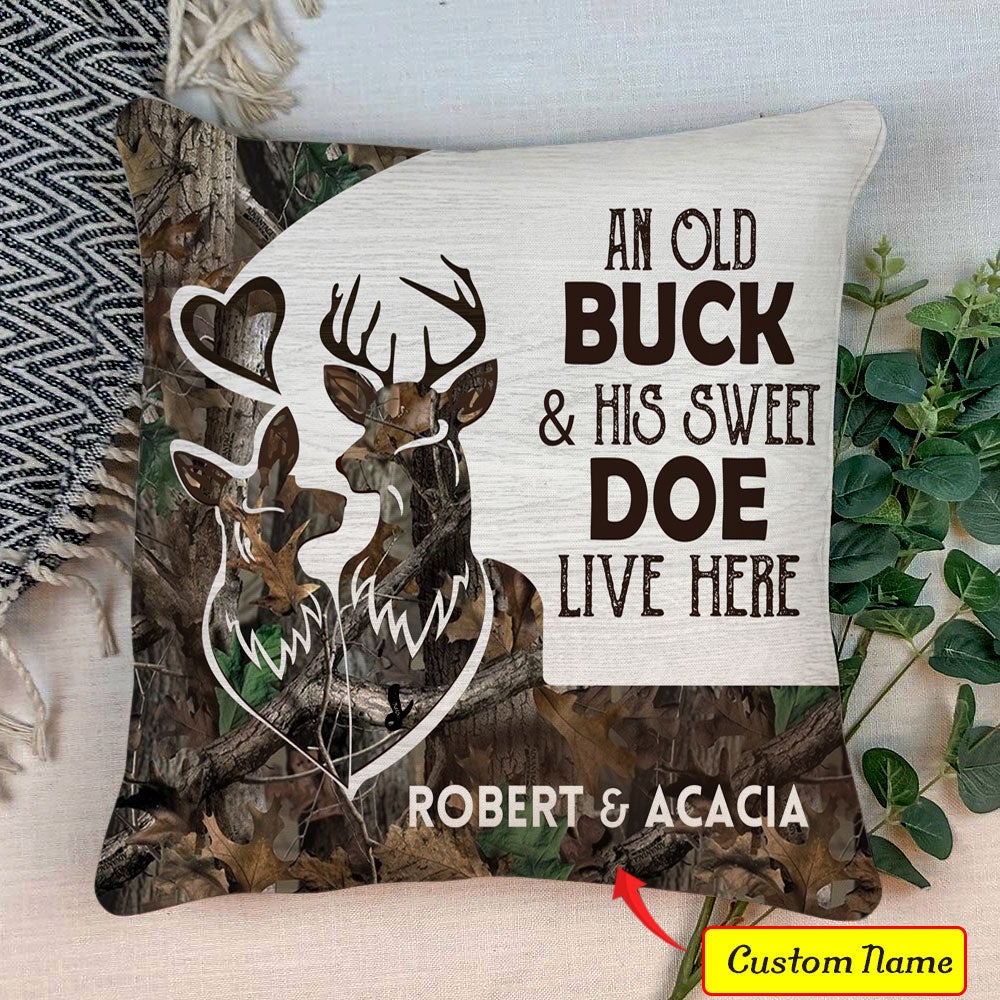 An Old Buck and His Sweet Doe Live Here Personalized Canvas Pillow Pillows Dreamship