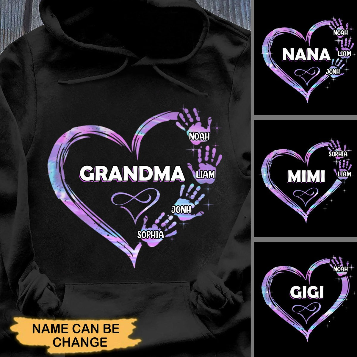 Hologram Heart Hands Print Grandma with Grandkids Mommy Auntie Personalized Shirt 2D T-shirt ShinyCustom - The Best Personalized Gift Store
