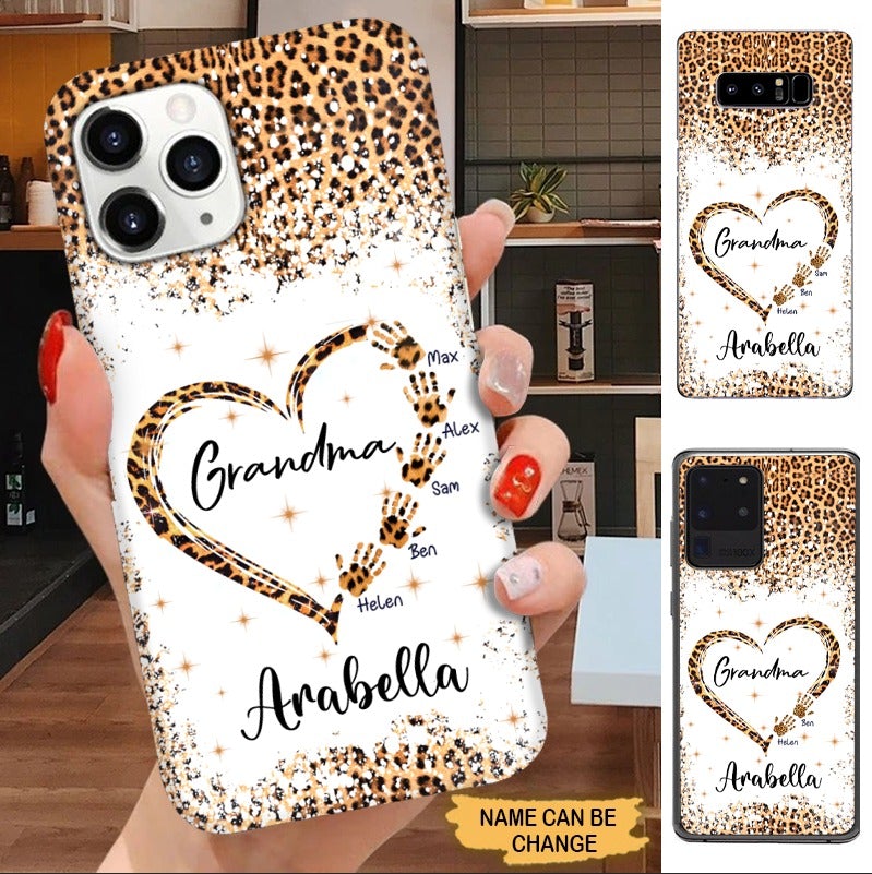 Leopard Pattern Heart with Hands Grandma and Grandkids Personalized Phone Case Phone case FUEL