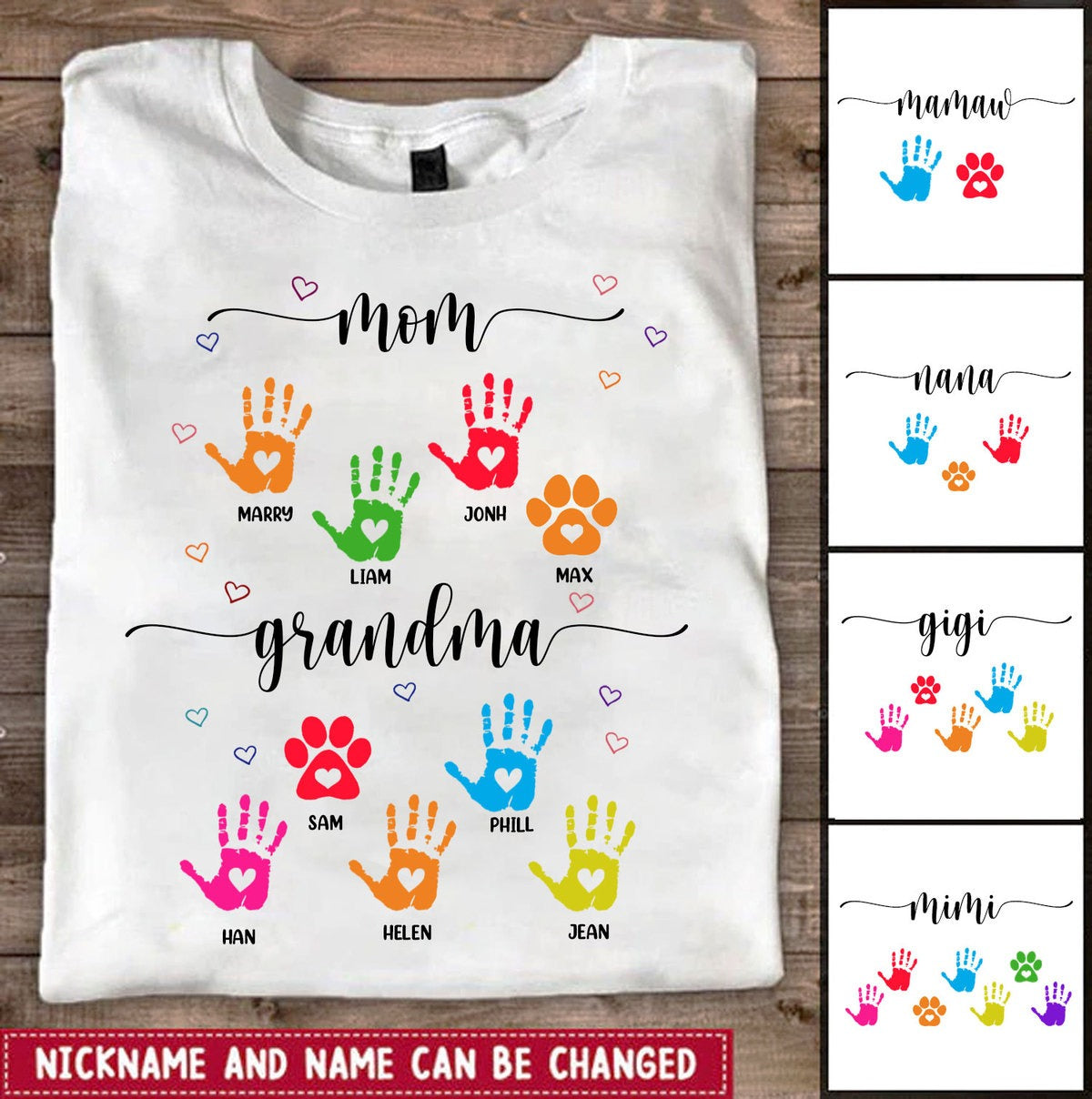 Mom and Grandma Heart Hand Print Personalized Shirt Apparel Gearment