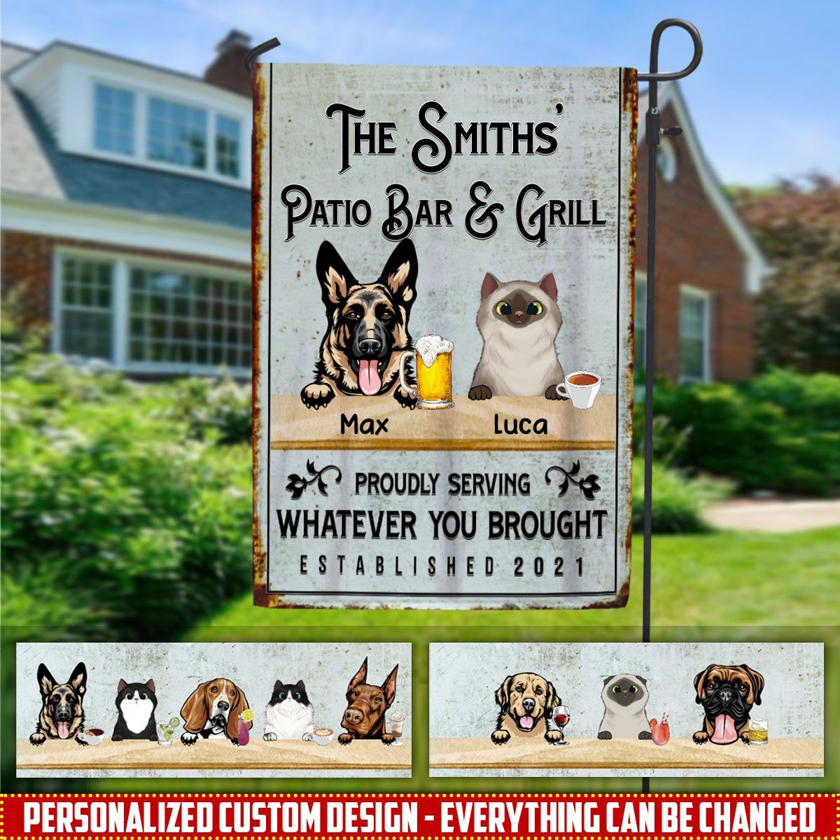 Personalized Custom Dog And Cat Backyard Patio Bar And Grill Garden Flag Dog And Cat Flag Dreamship