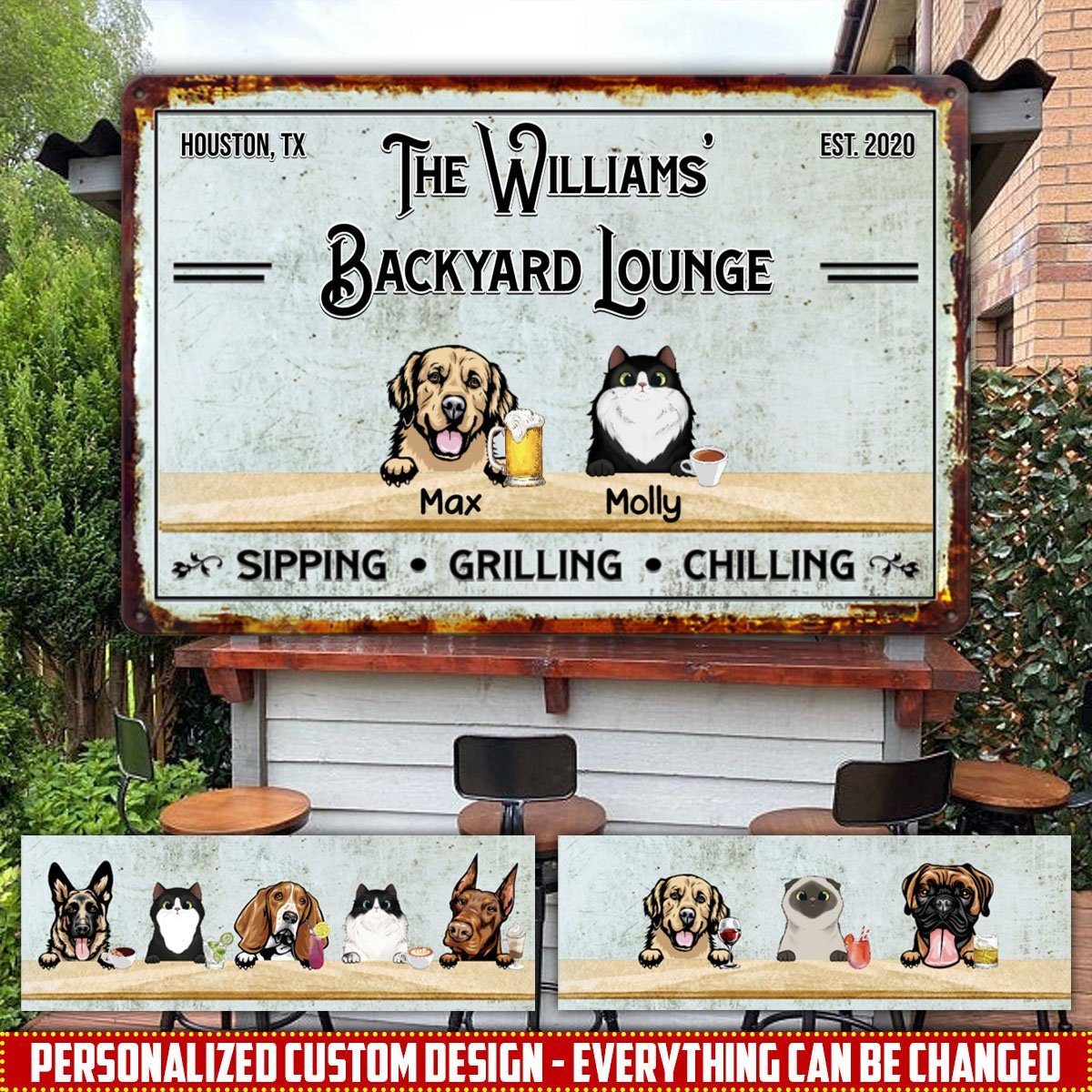 Personalized Custom Dog And Cat Backyard Patio Bar And Grill Metal Sign Dog And Cat Metal Sign Human Custom Store