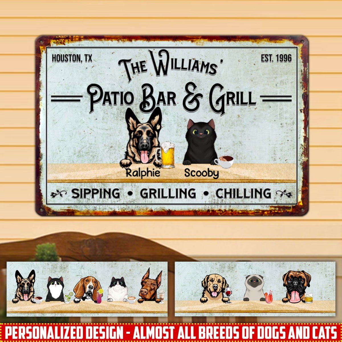 Personalized Custom Dogs & Cats Backyard Patio Bar And Grill Metal Sign Dog And Cat Metal Sign Human Custom Store