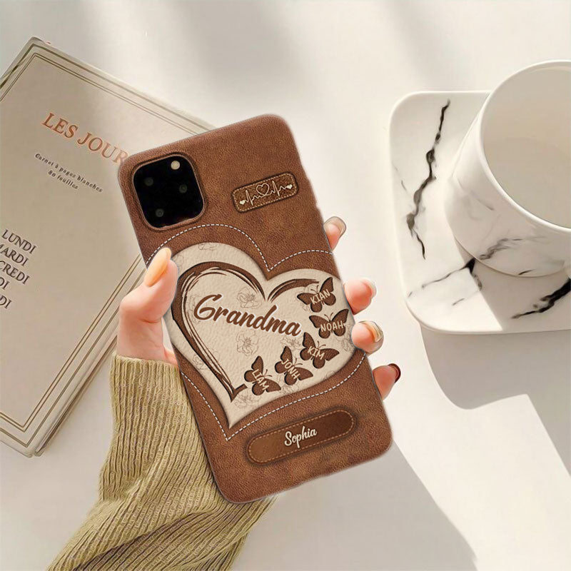 Leather Heart Butterflies Grandma Kids Names Personalized Phone Case