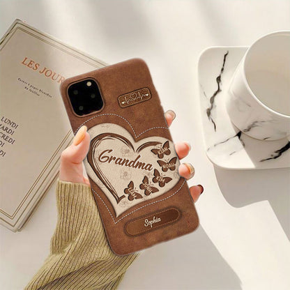 Leather Heart Butterflies Grandma Kids Names Personalized Phone Case