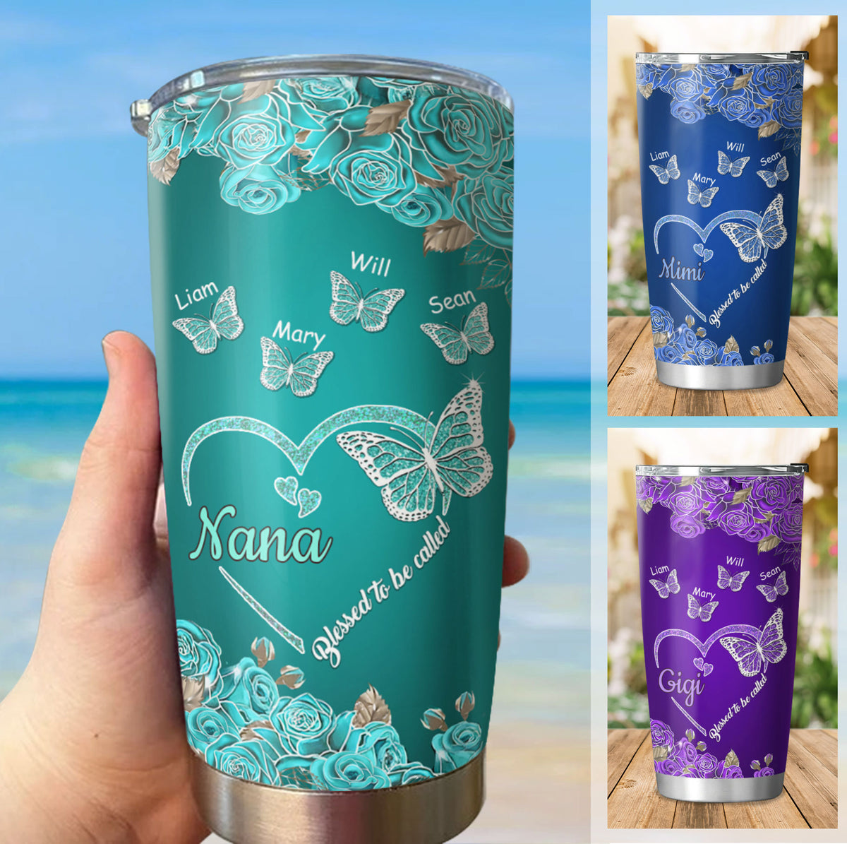 Butterfly Blessed to be called Mom Grandma Nana Mimi Gigi Auntie Personalized Tumbler