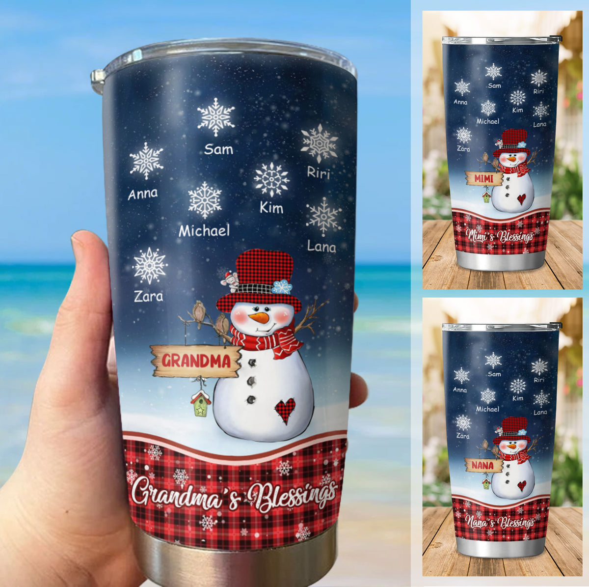 Christmas Snowman Grandma's Blessings Snowflake Kids Names Personalized Tumbler