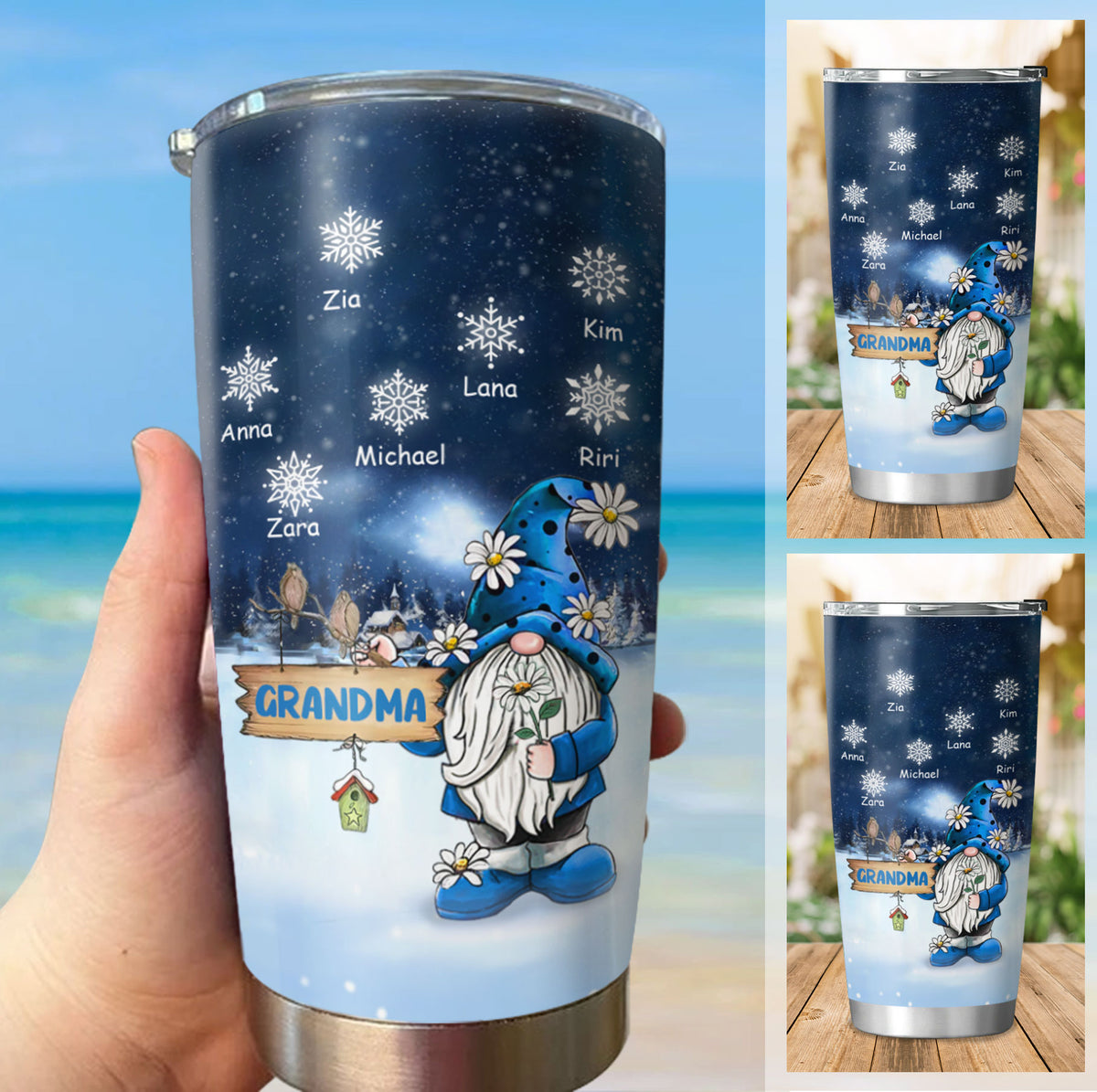Christmas Gnome Snowflake Grandma Kids Names Personalized Tumbler