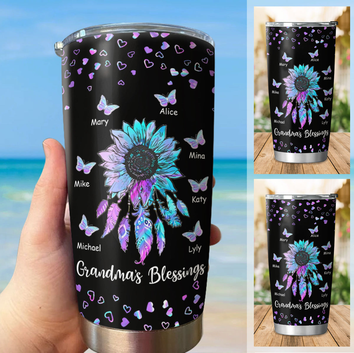 Personalized Hologram Butterfly Dreamcatcher Grandma's Blessings Tumbler
