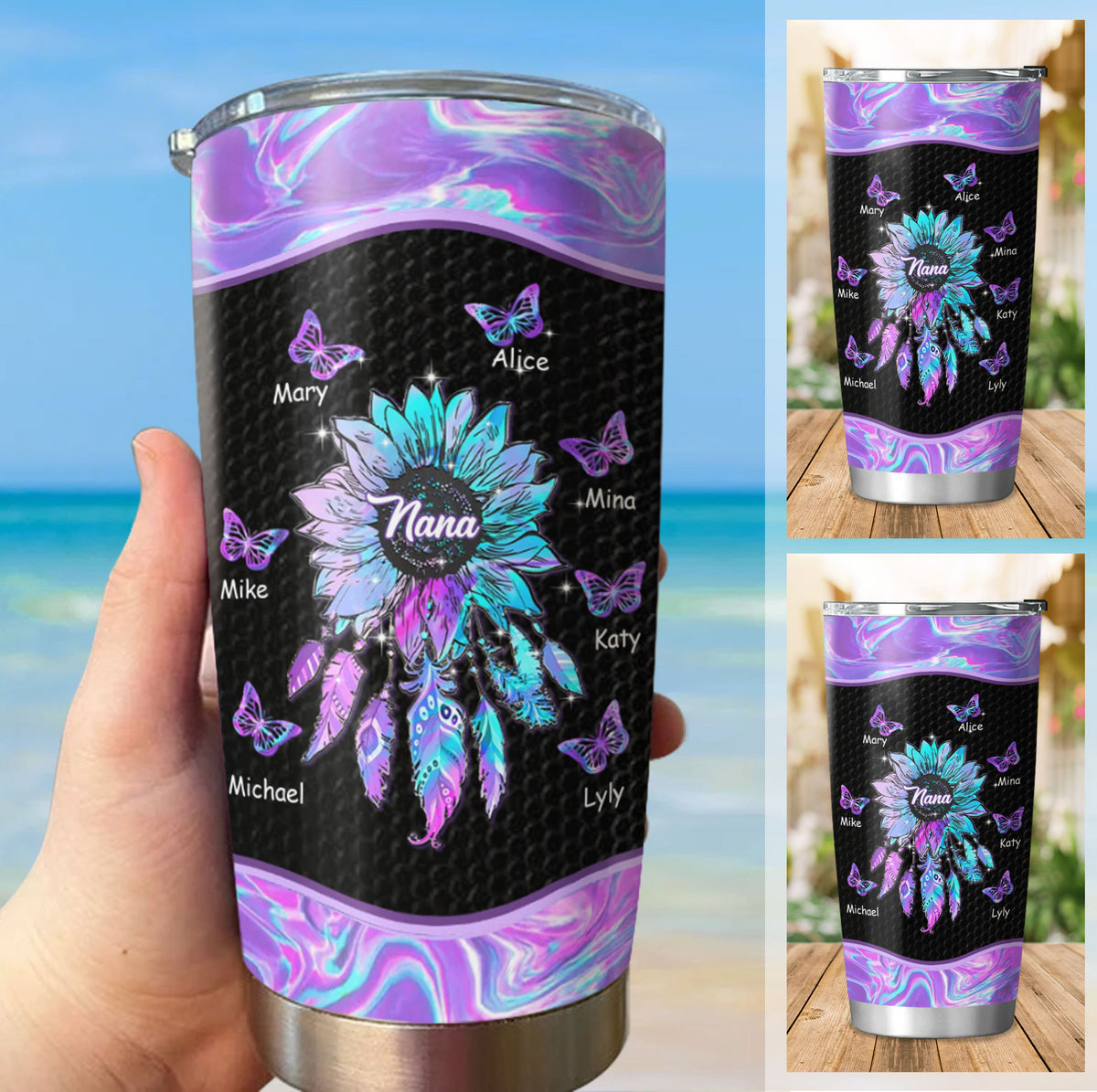 Hologram Sunflower Dreamcatcher Butterfly Grandma Nana Mimi Personalized Tumbler - Drive mockup HP07OCT23HL04