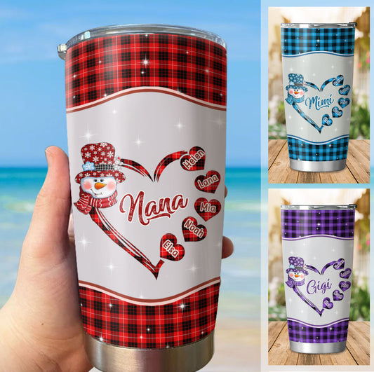 Christmas Snowman Plaid Heart Grandma Kids Names Personalized Tumbler