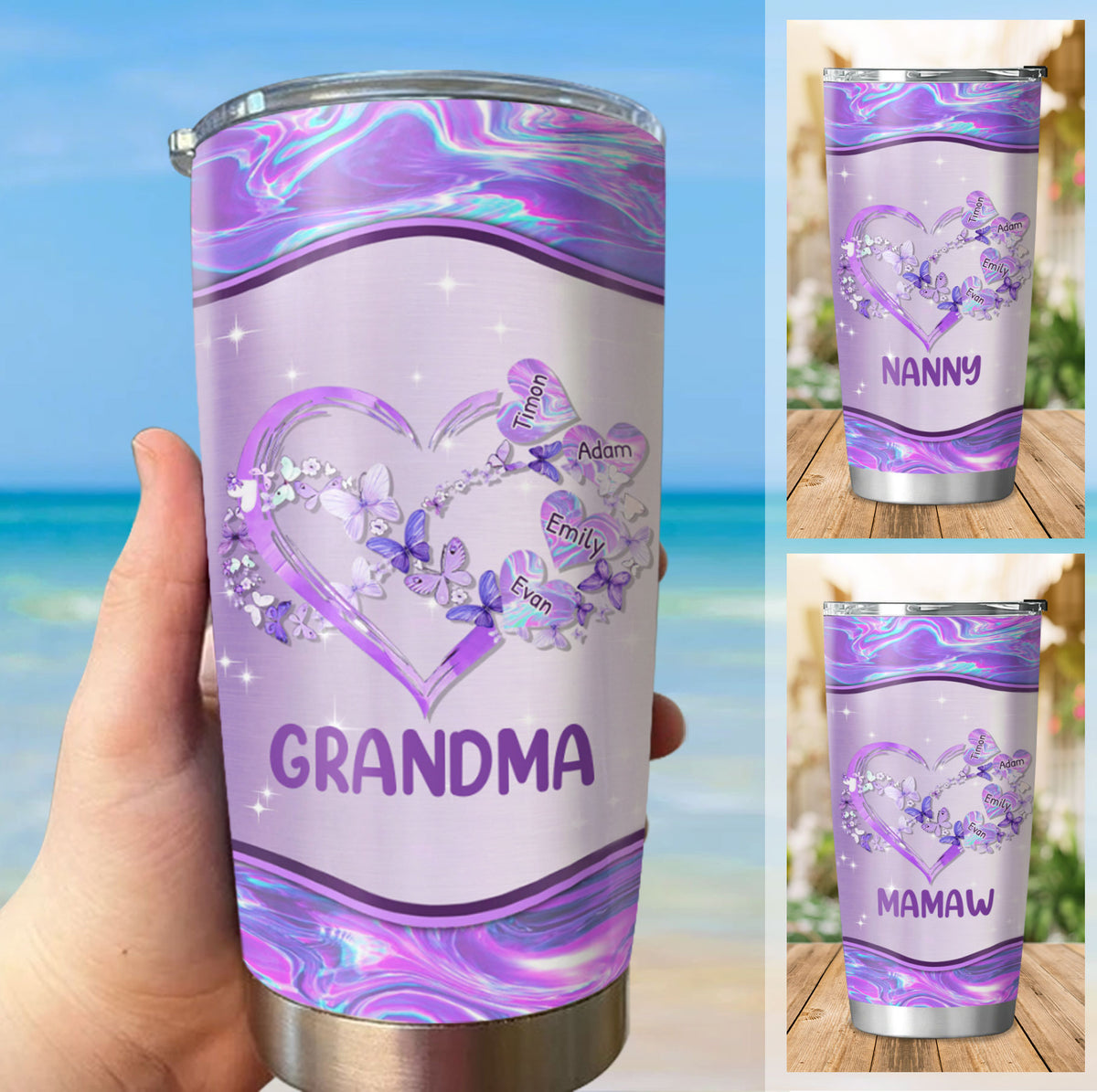 Hologram Butterfly Heart Grandma Mimi Nana Mommy Auntie Personalized Tumbler