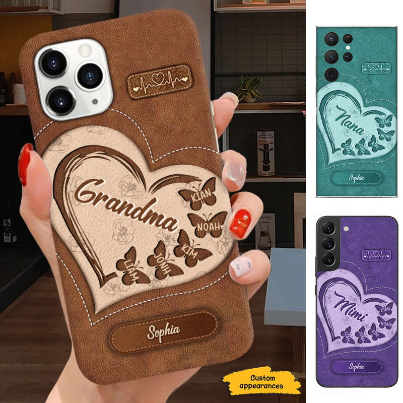 Leather Heart Butterflies Grandma Kids Names Personalized Phone Case