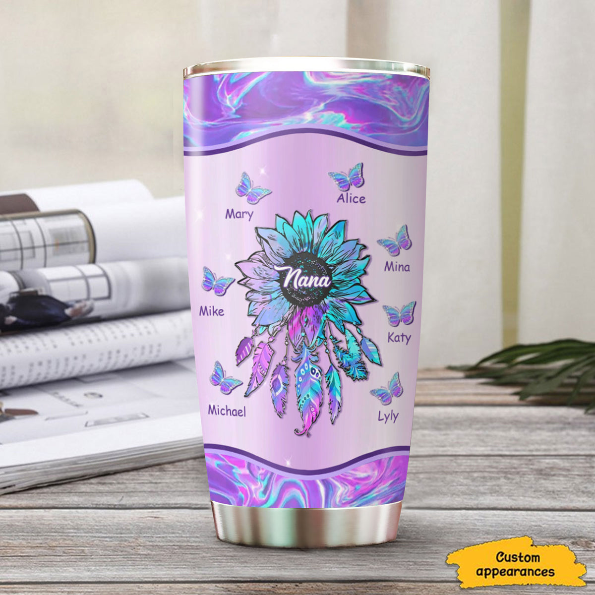 Hologram Sunflower Dreamcatcher Butterfly Grandma Nana Mimi Personalized Tumbler - Drive mockup HP07OCT23HL04