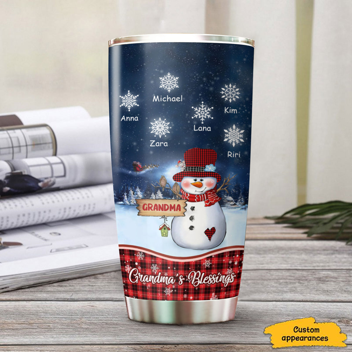 Christmas Snowman Grandma's Blessings Snowflake Kids Names Personalized Tumbler