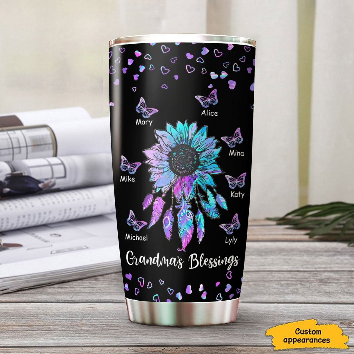 Personalized Hologram Butterfly Dreamcatcher Grandma's Blessings Tumbler