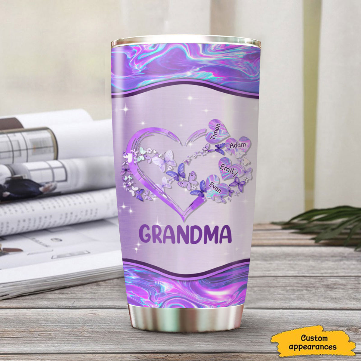 Hologram Butterfly Heart Grandma Mimi Nana Mommy Auntie Personalized Tumbler