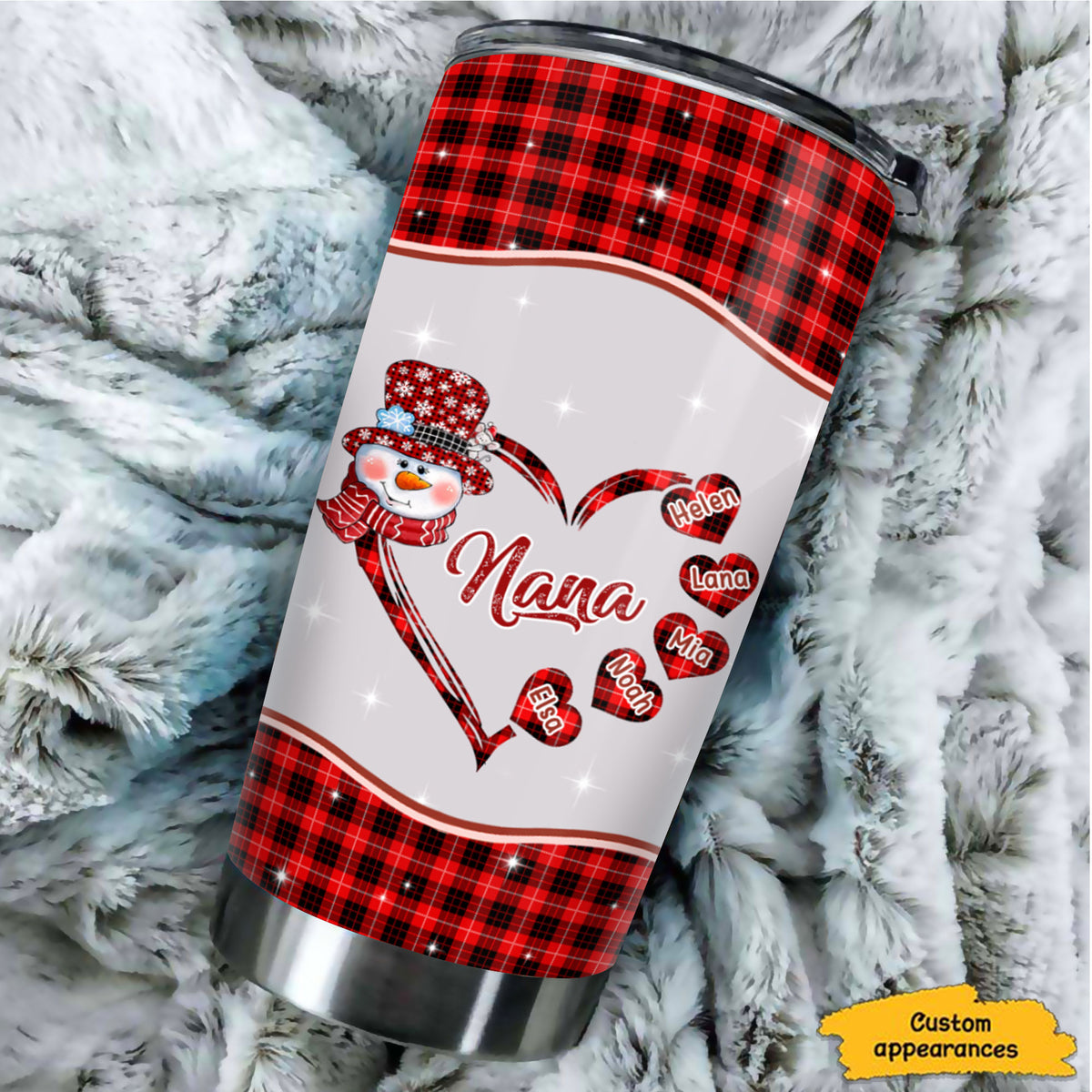 Christmas Snowman Plaid Heart Grandma Kids Names Personalized Tumbler