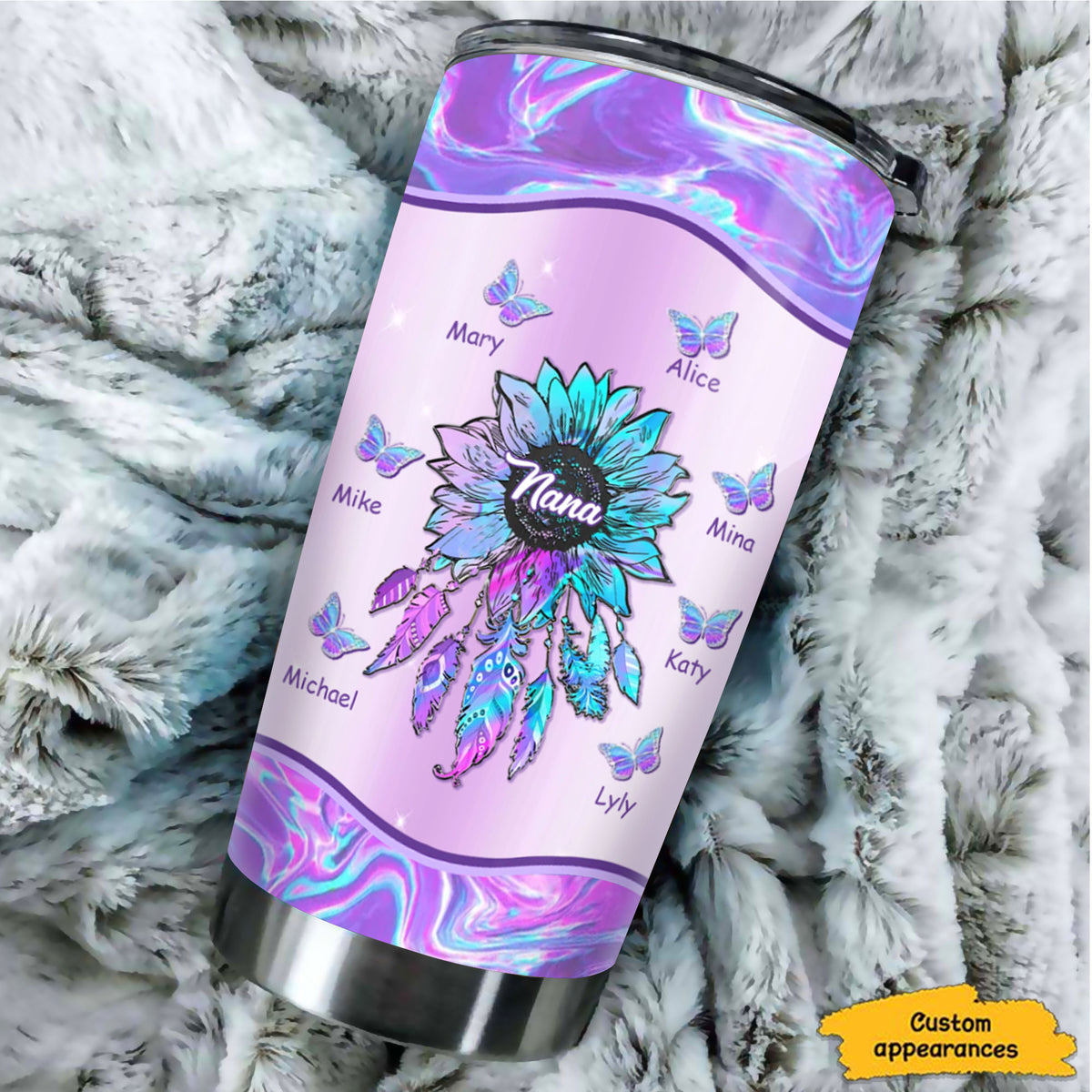 Hologram Sunflower Dreamcatcher Butterfly Grandma Nana Mimi Personalized Tumbler - Drive mockup HP07OCT23HL04