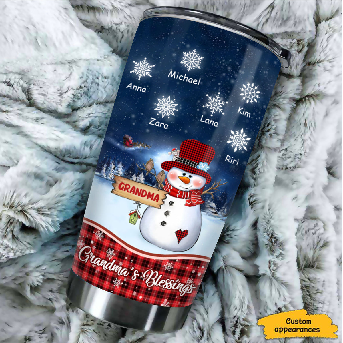 Christmas Snowman Grandma's Blessings Snowflake Kids Names Personalized Tumbler