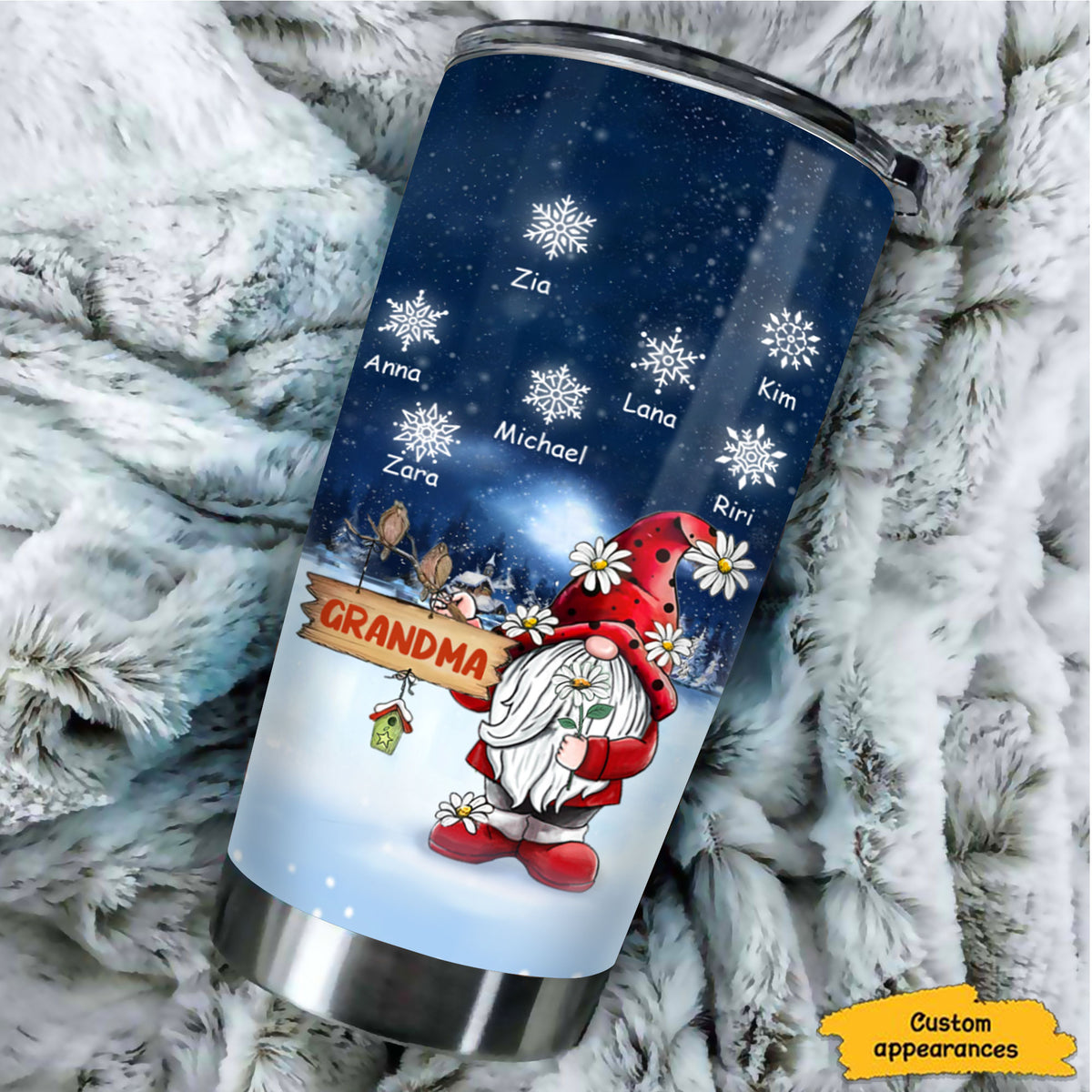 Christmas Gnome Snowflake Grandma Kids Names Personalized Tumbler
